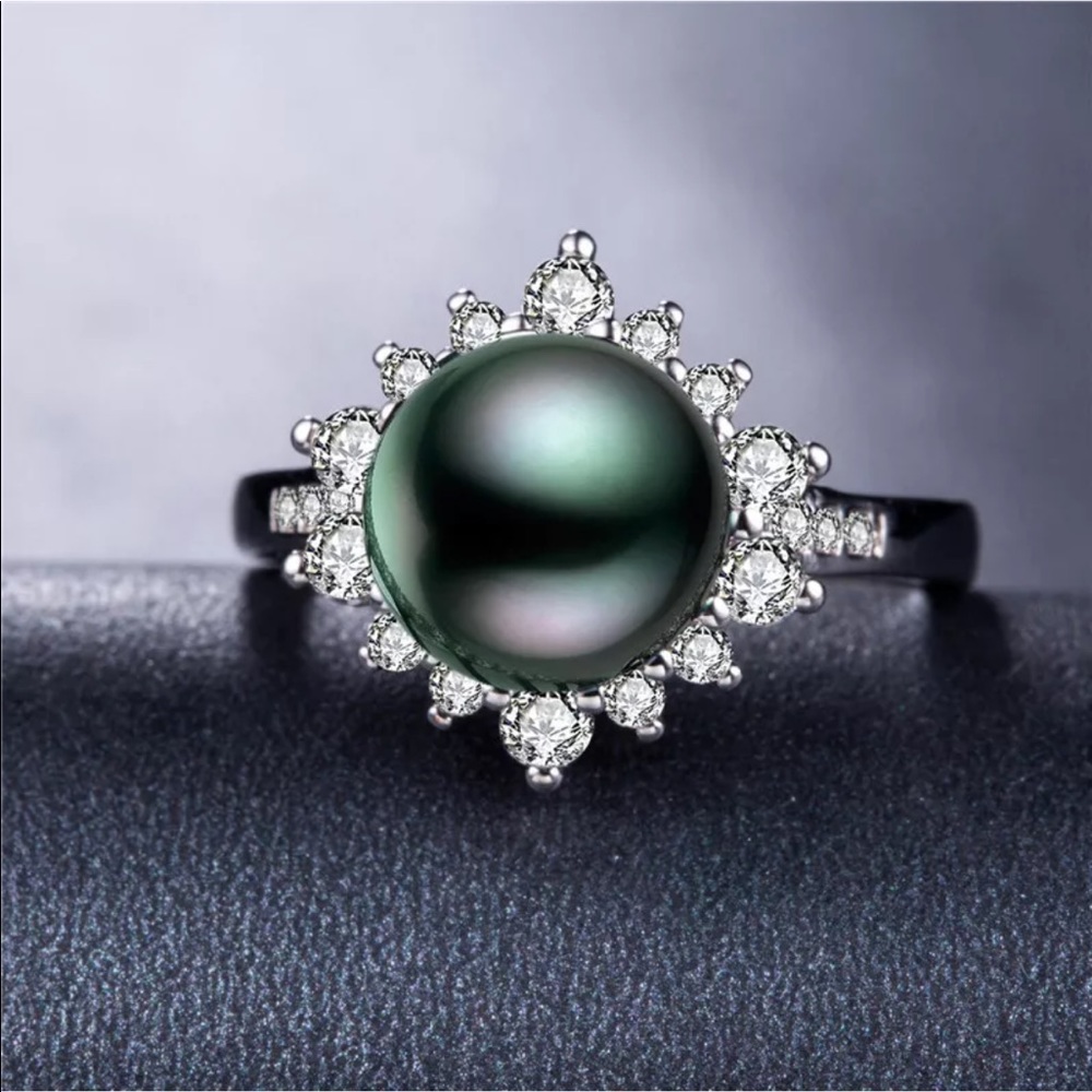 Tahitian Pearl White Sapphire Ring 925 Sterling